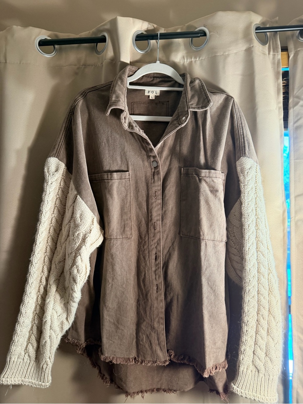 POL Brown Button-Up Shirt with Cream Cable-Knit Sleeves